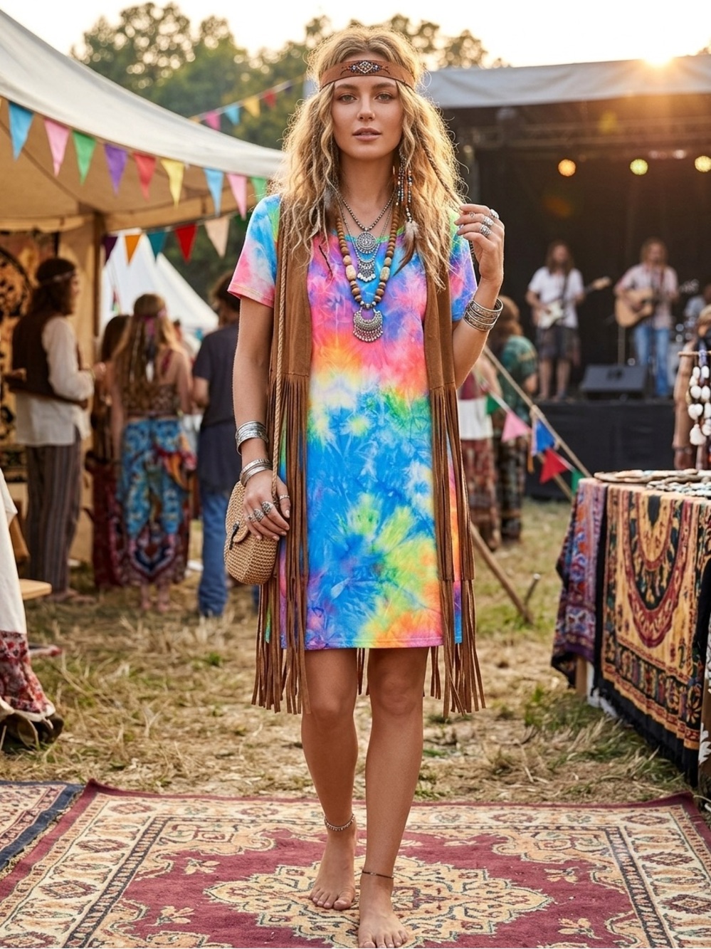 HEIMISH U.S. Multicolor Tie Dye Short Sleeve T-Shirt Dress Pockets Knee L